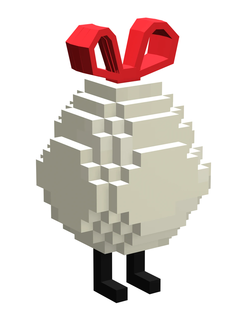 Tilin's original look. This is a custom Minecraft model of the plain white circular egg with a red ribbon tied into a bow that sits on top of their head. She is very reminiscent of a full garbage sack that's been tied off. Two thin black legs stick out from under the egg.